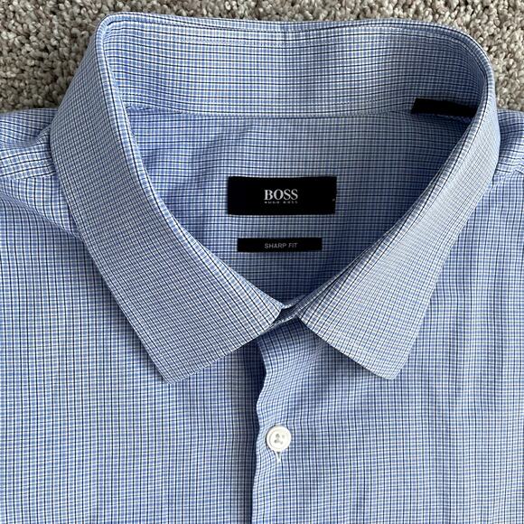 BOSS Hugo Boss Men's 17 (36/37) Blue Sharp Fit Classic Plaid Button Down Shirt - Picture 3 of 15